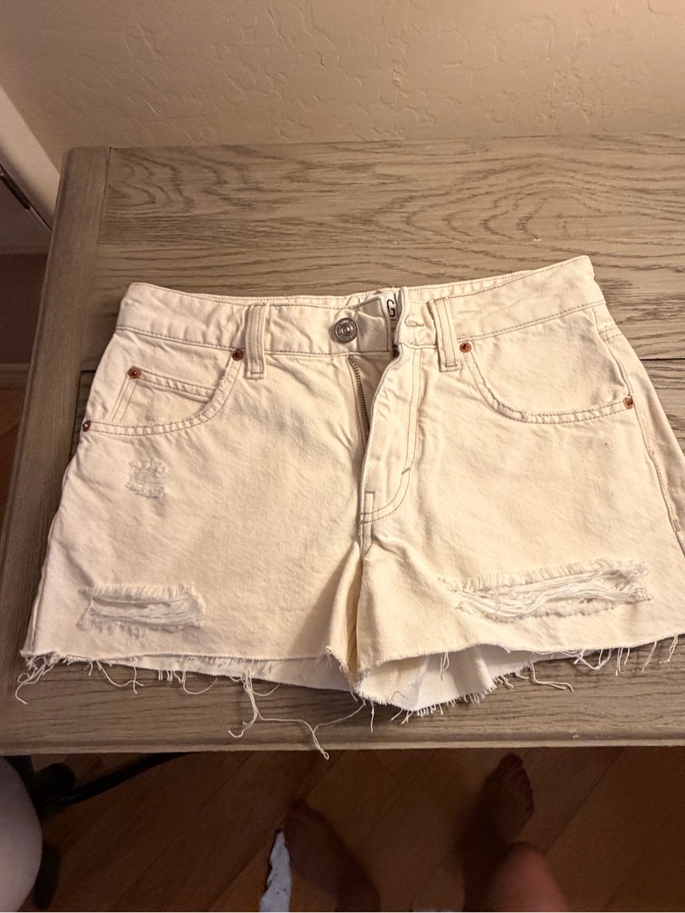 BDG Cream Distressed Denim Cutoff Shorts